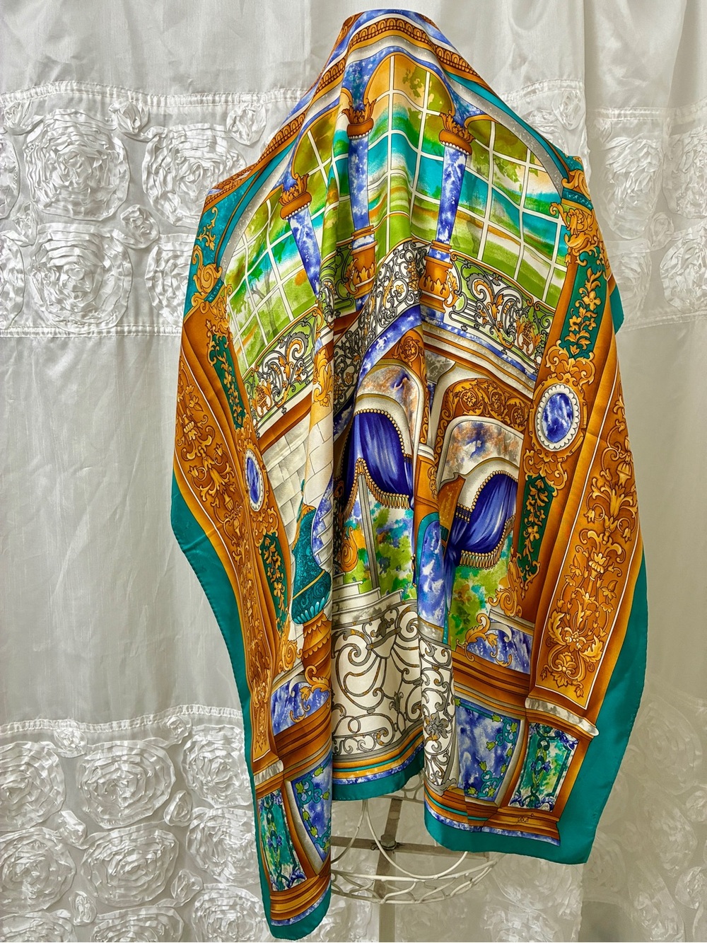 Vintage CASCA Ornate Baroque-Style Silk Scarf in Teal, Gold & Royal Blue 34”